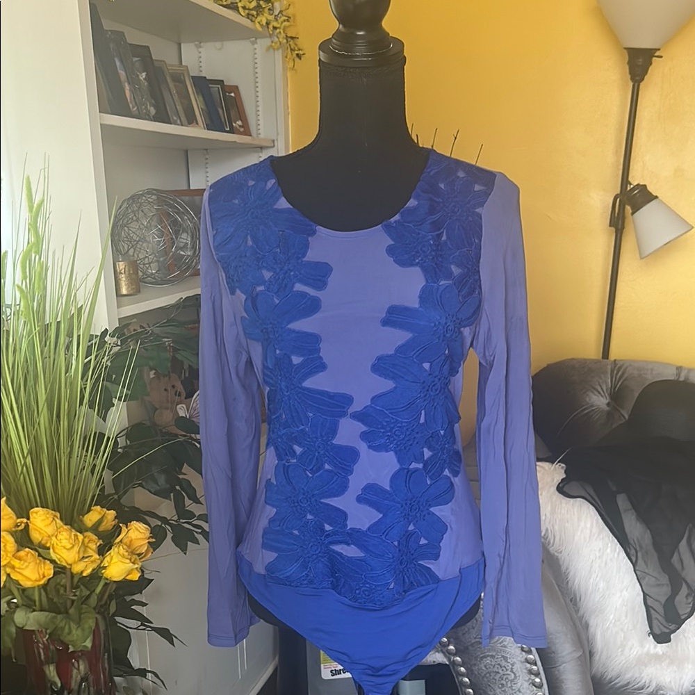 Haute Monde Blue Asymmetrical Embellished Long Sleeve Bodysuit